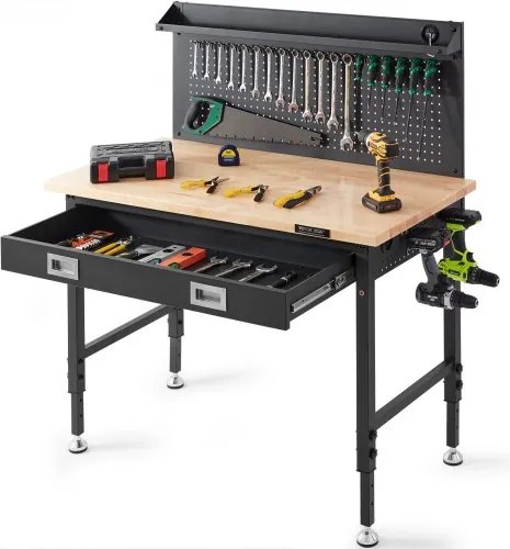 VEVOR Werkbank, in hoogte verstelbaar, 71,1-100,3 cm, werktafel, eikenhouten planken en koolstofstaal, werktafel, draagvermogen 900 kg, tafelblad 121,9 x 61 cm, hardhouten werkbank, 3 m kabel, 30 haken
