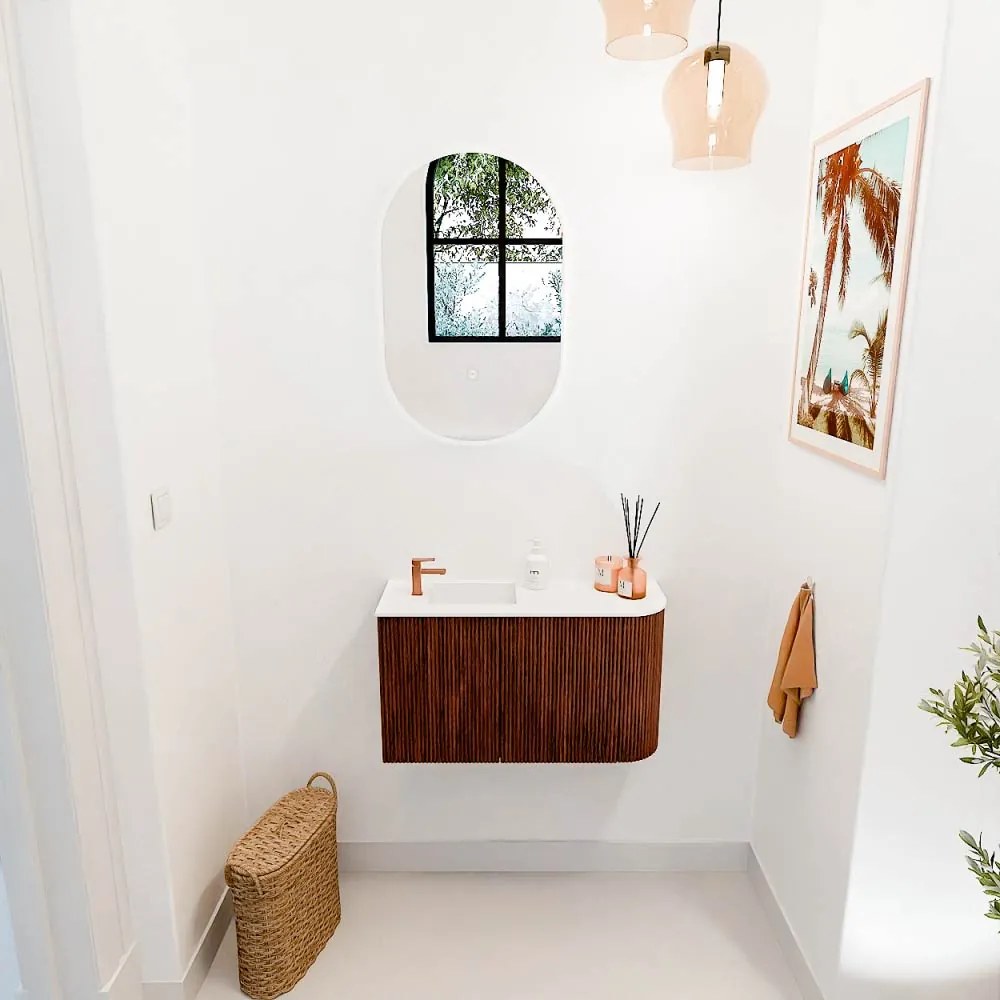 Mondiaz Joya 70cm toiletmeubel ronding rechts ruby met wastafel faye links 1 kraangat talc