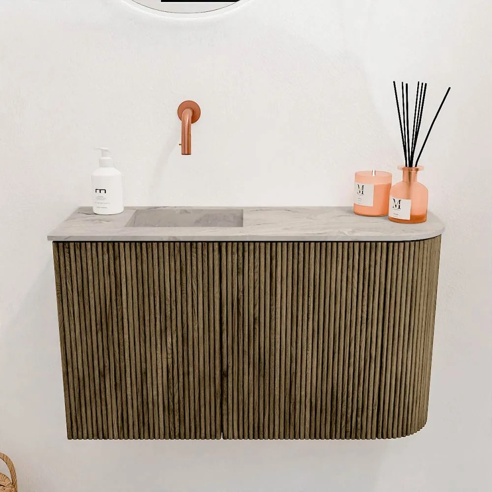 Mondiaz Joya DLux 70cm toiletmeubel ronding rechts dusk met wastafel faye links zonder kraangat glace