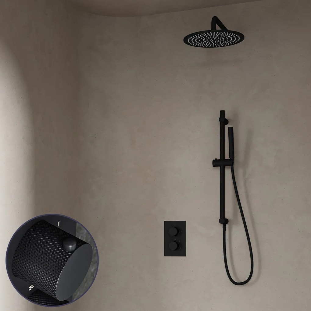 Saniclear Nero Curved inbouw regendouche met 30cm hoofddouche, muurarm en glijstang zwart mat