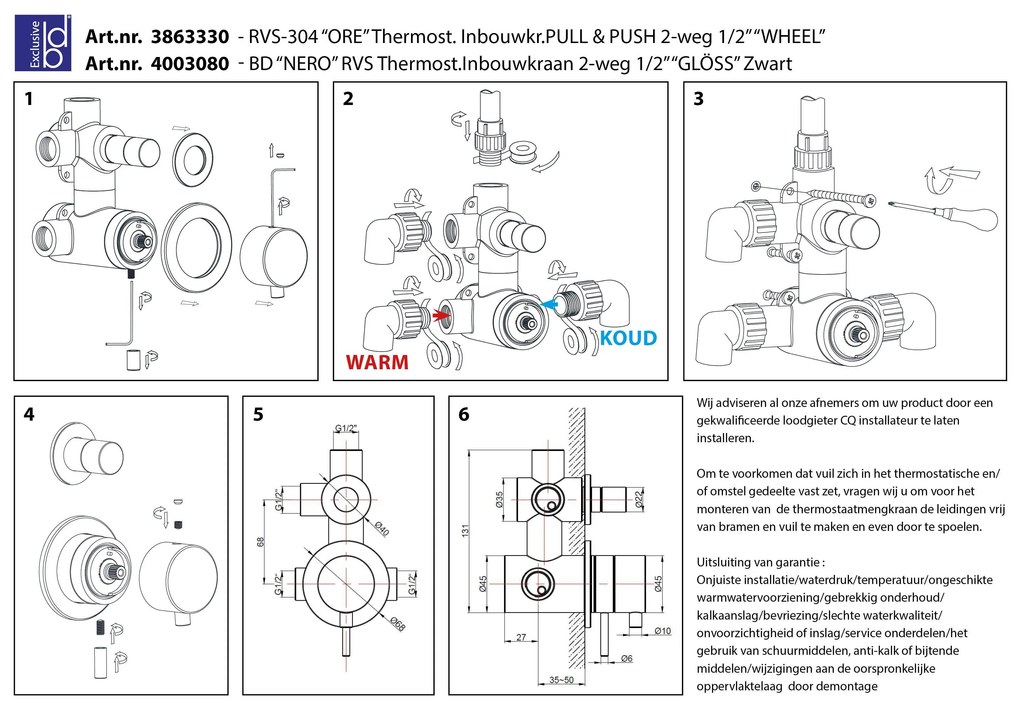 Best Design Ore 1/2" thermostatische inbouwkraan 2-weg RVS