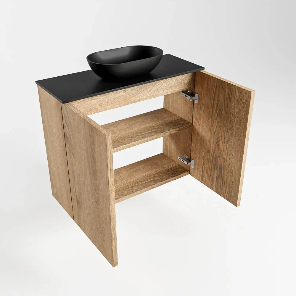 Mondiaz Fowy toiletmeubel 60cm washed oak met zwarte waskom midden zonder kraangat