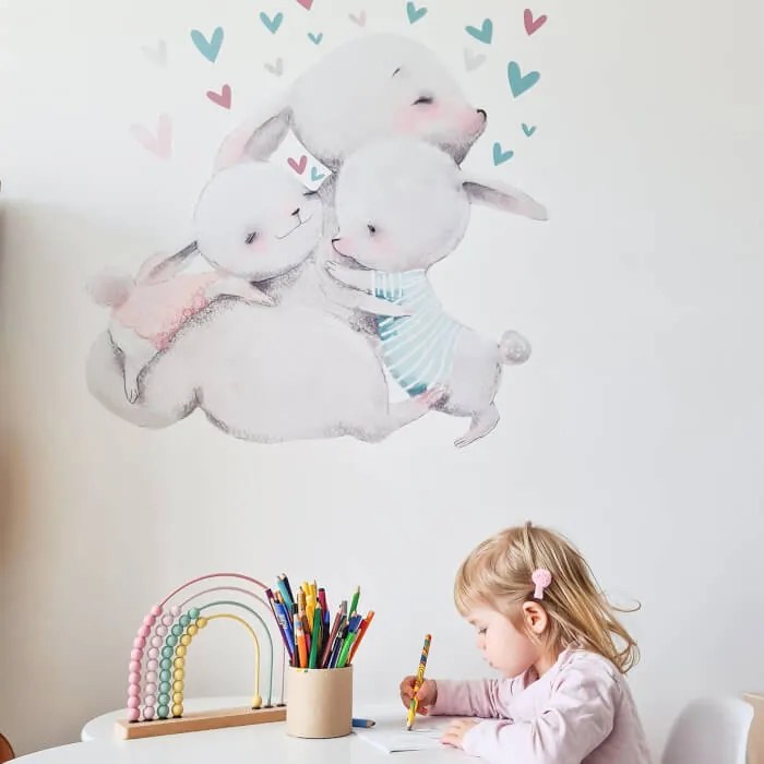 INSPIO Aquarel Muursticker - Konijntjes Familie met Hartjes