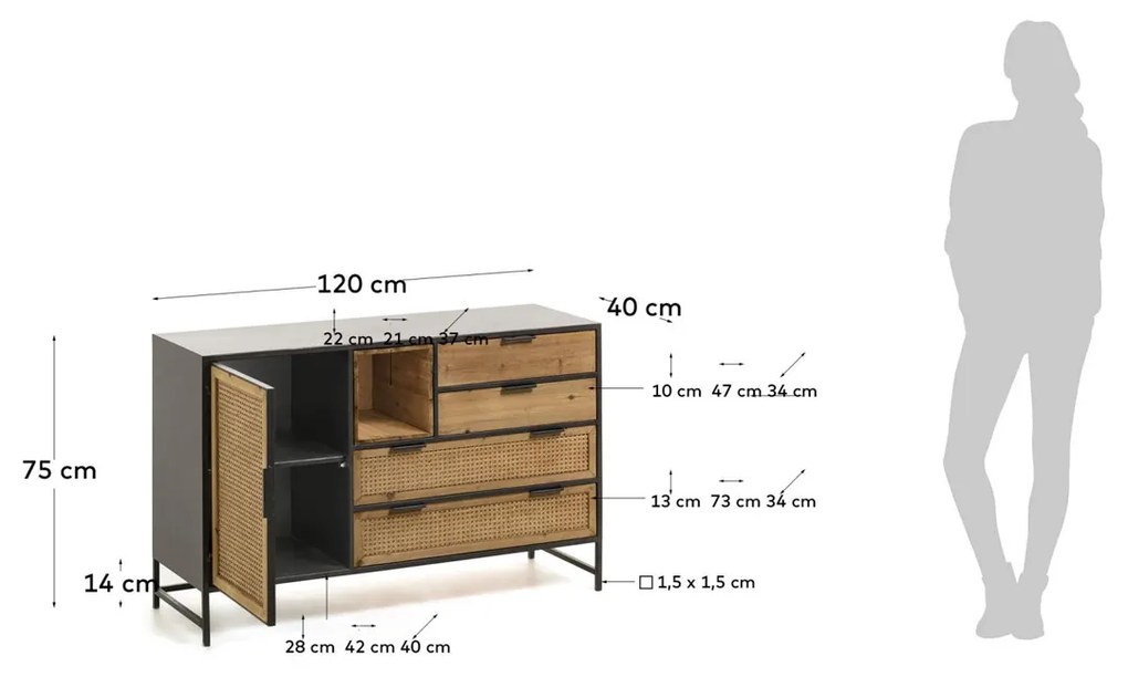 Kave Home Kyoko Rotan Webbing Dressoir Zwart Staal - 120x40x75cm.