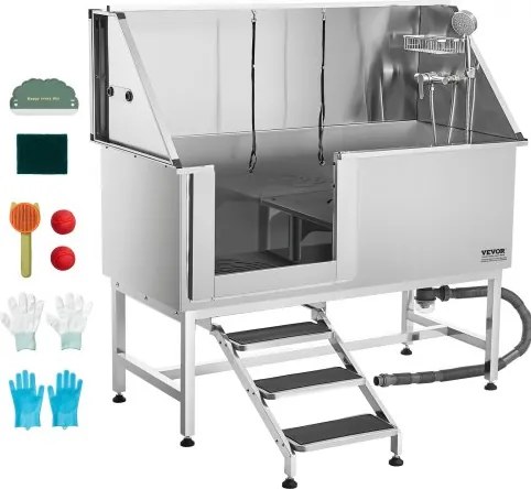 VEVOR roestvrijstalen hondenwasstation, 1500x700x1495mm, verzorgingsbad met opstapje, PE-waterfilterplaat, kraan, douchekop en zeephouder, voor grote, middelgrote en kleine huisdieren (deur links)