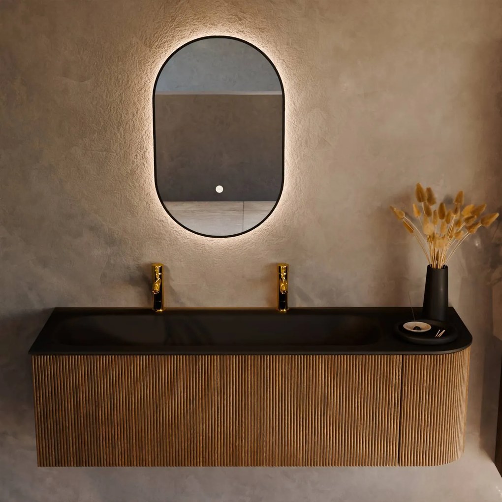 Mondiaz Kurve 145cm badmeubel ronding rechts dusk met 1 lade en deur en wastafel big large links 2 kraangaten urban