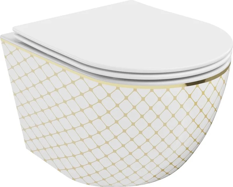Mexen Lena wc-pot Rimless met slim, langzaam sluitende duroplast-bril, wit/gouden ruitpatroon - 30224009