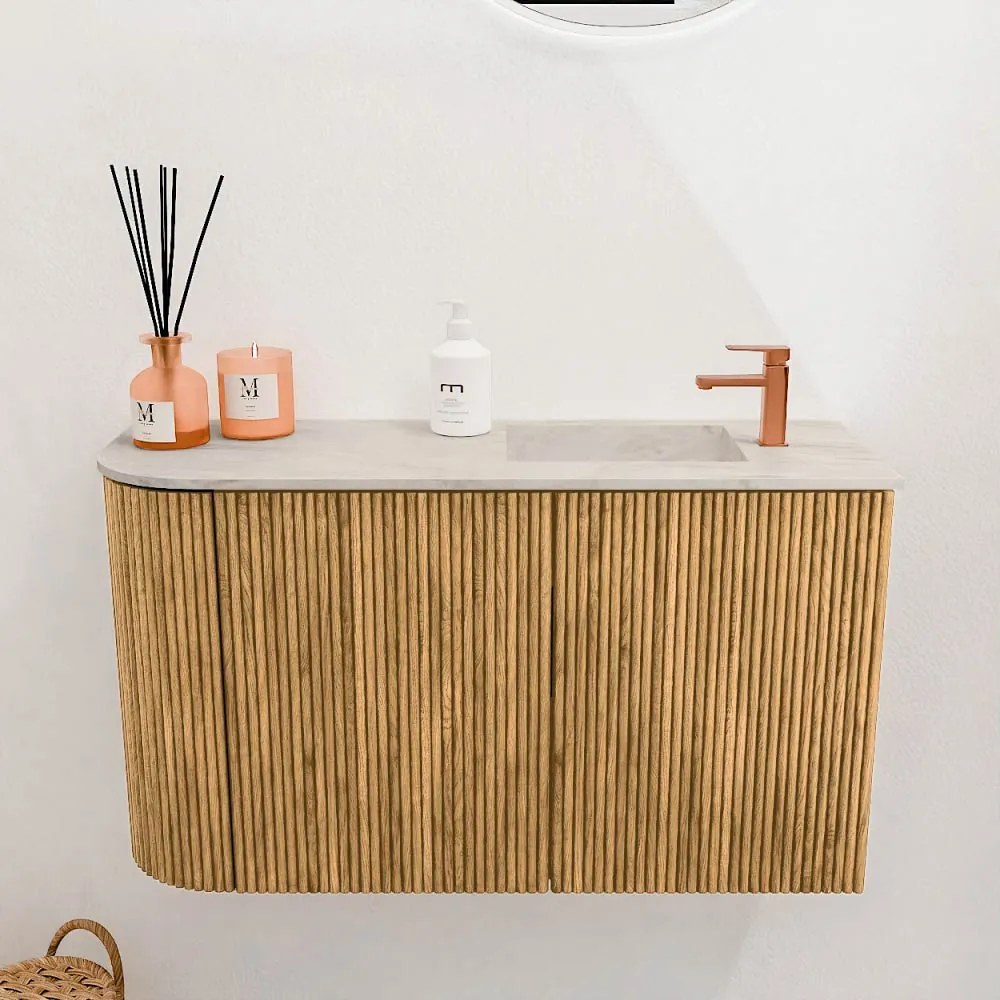 Mondiaz Joya DLux 70cm toiletmeubel ronding links oak met wastafel faye rechts 1 kraangat ostra
