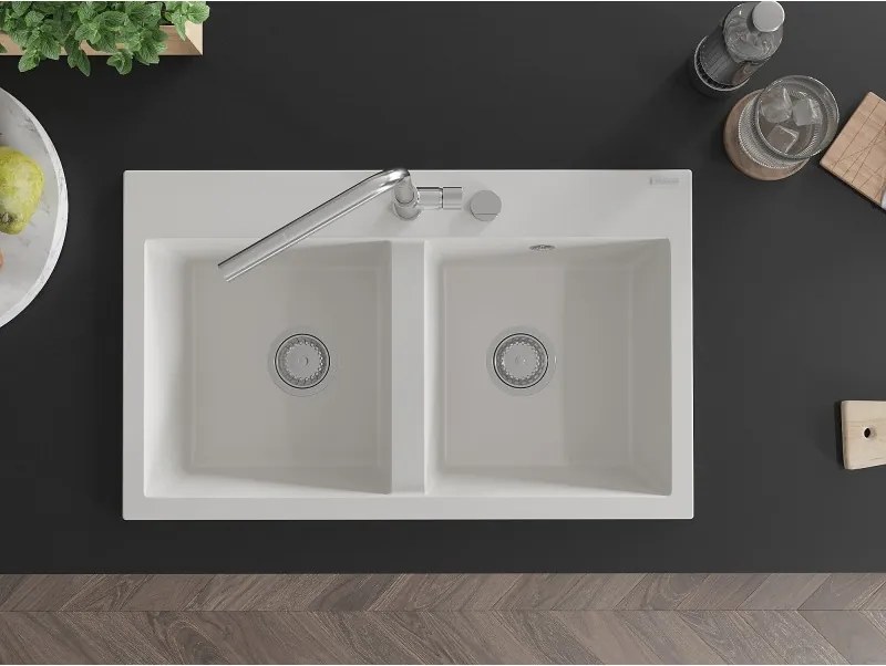 Mexen Hektor granieten gootsteen 2-kamer 800 x 480 mm, wit, chrom sifon - 6521802000-20