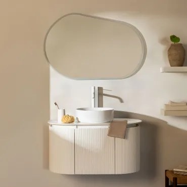 Carsone Zwevend Badkamermeubelset 90x50 Cm Van Hout Wit & Zonder Extra Eenheid & Rond Keramiek Wit Ø40 Cm Lenka & Ovaal Led En Anticondens 100x80 -