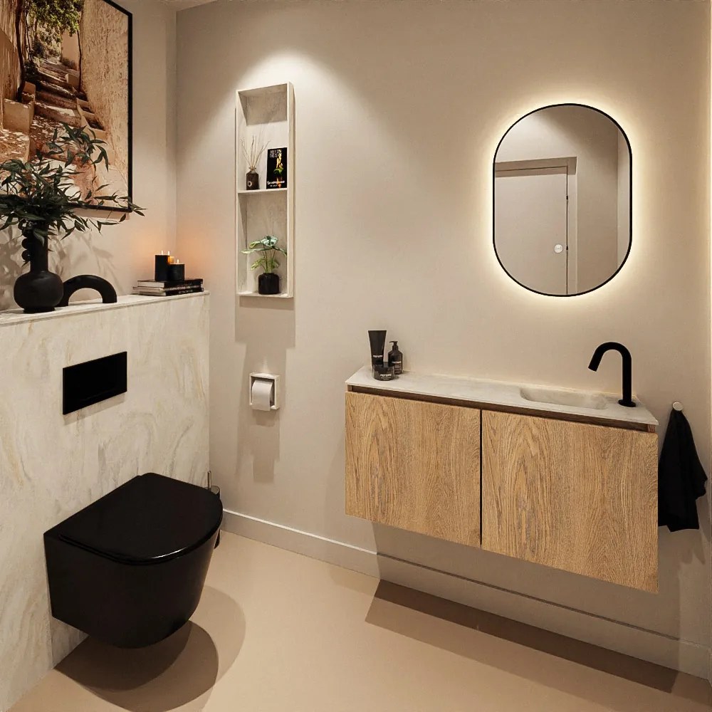 Mondiaz Ture DLux toiletmeubel 100cm washed oak met wastafel ostra rechts met kraangat