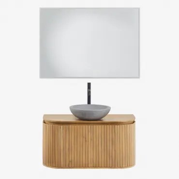 Conjunto Vaniteitmeubel 90x40 Cm Zwevend In Mangohout Analis Mangohout & Rond Grijs Cement Ø40 Cm Tarsis & Rechthoekige Led En Anticondens 100x70 Cm R
