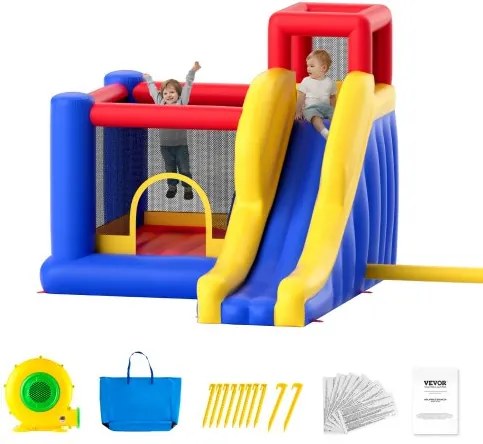 VEVOR Opblaasbaar springkasteel, hoogwaardig buitenspeelhuis/trampoline, springkasteel met blower, glijbaan en opbergtas, 340 x 260 x 230 cm springkasteel voor de familietuin