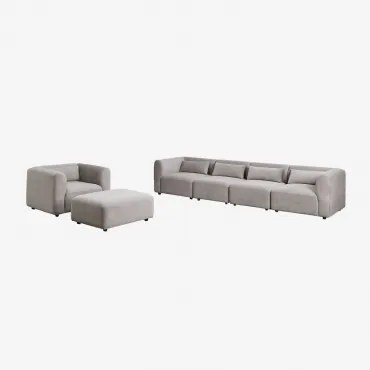 Woonkamerset Met 4-delige Modulaire Bank, Fauteuil En Poef Fogler Corduroy Licht Taupegrijs - Sklum