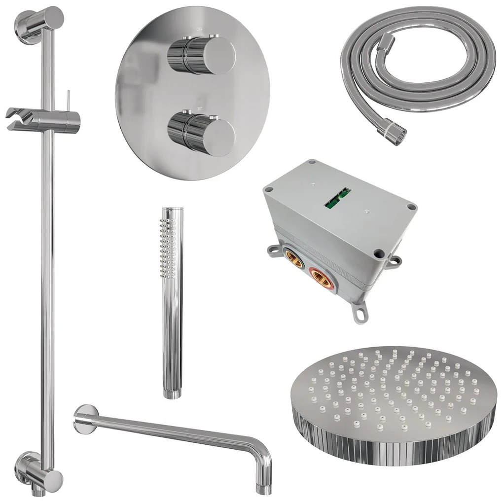 Brauer Stripe inbouw regendouche rond met 25cm hoofddouche, rond met gebogen muurarm, glijstang en staafhanddouche set 44 chroom