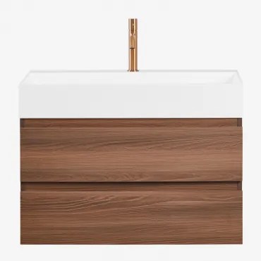 Ona Zwevend Badkamermeubelset Van Hout En Essenfineer Met Geïntegreerde Wastafel Spiegelloze & Donker Hout & ↔︎ 80 Cm & Roségoud Geborst - Sklum