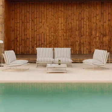 Tuinset Met 2-delige Modulaire Bank, 2 Fauteuils En Ombouwbare Bijzettafel Amaro Tapioca Beige - Marine Blauw - Sklum