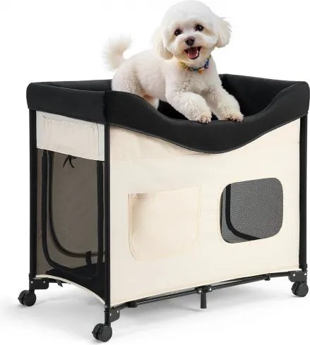 VEVOR Verhoogd Huisdierbed (L), Opvouwbaar Hondenbed met 600D Oxford-stof en Nederlands Fluweel, Draagbaar Verhoogd Huisdierbed met Wielen, Zijvakken en Draagtas, Beige
