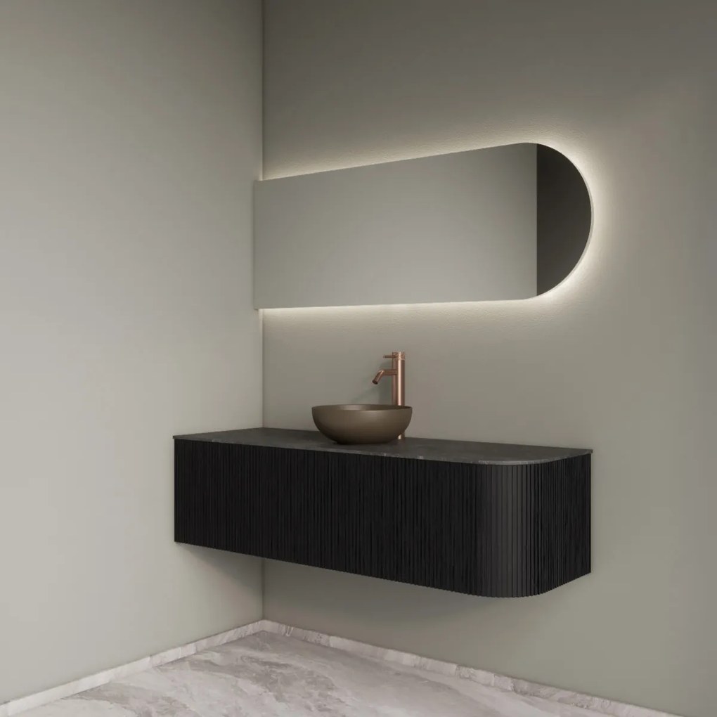 Gliss Design Alluro badmeubel ribbelfront met ronding rechts 140cm black en zwart leisteen toppaneel