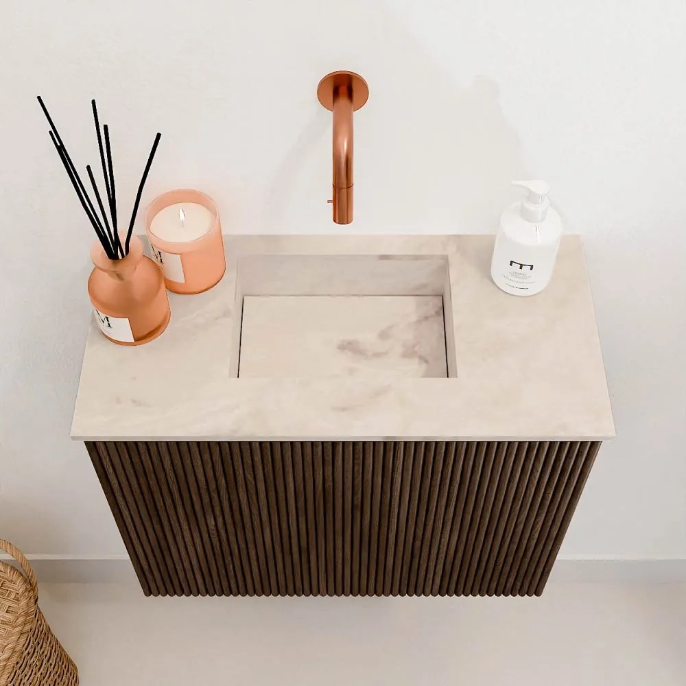 Mondiaz Joya DLux 50cm toiletmeubel walnut met wastafel faye midden zonder kraangat frappe