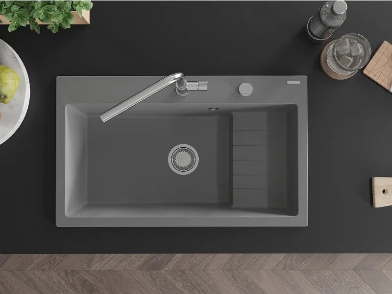 Mexen Omar granieten spoelbak 1-komers 800 x 480 mm, grijs, sifon chroom - 6520801005-71