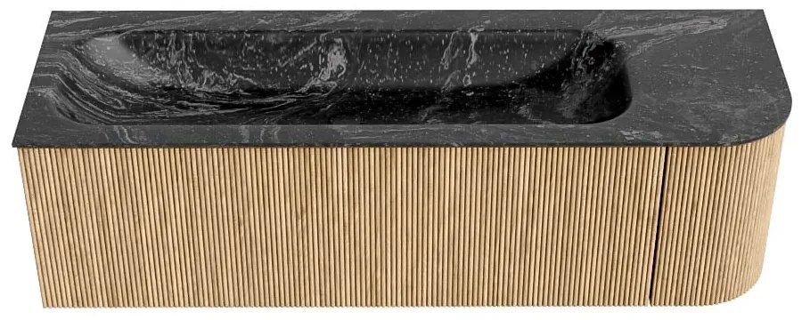 Mondiaz Kurve-dlux 145cm badmeubel ronding rechts oak met 1 lade en deur en wastafel big large kraangat links lava