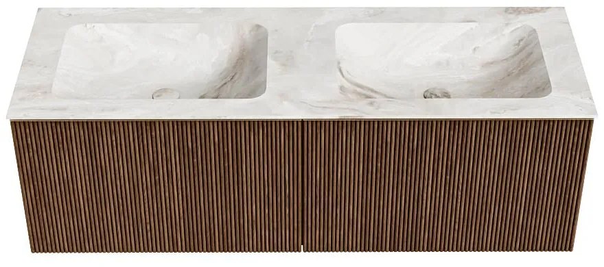 Mondiaz Kurve-dlux 130cm badmeubel walnut met 2 lades en wastafel leaf dubbel 2 kraangaten frappe