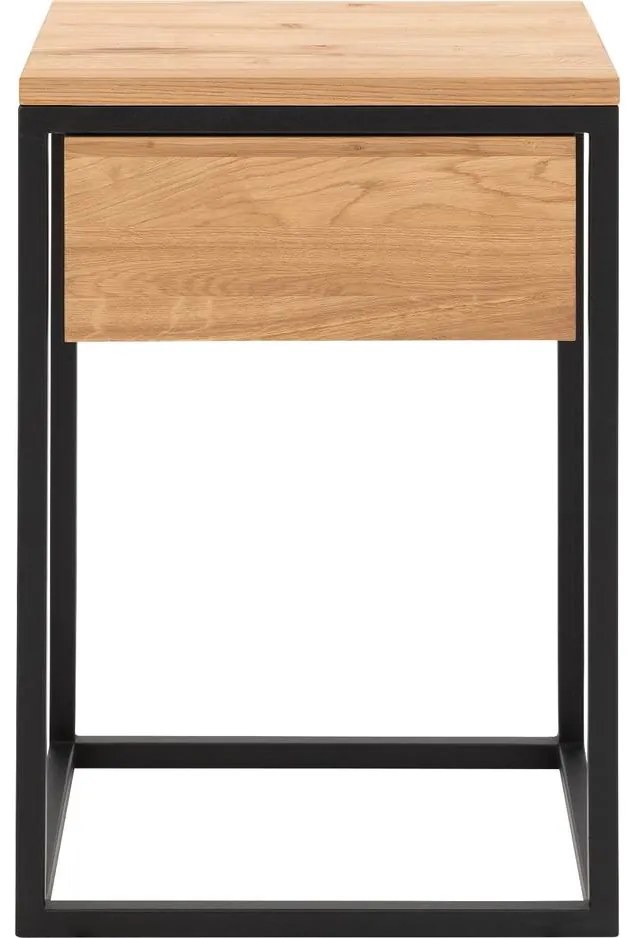 Goossens Nachtkastje Ord, Metaal ral 9005 zwart, met lade en bovenblad massief eik, 40 x 35 x 57 cm hoog