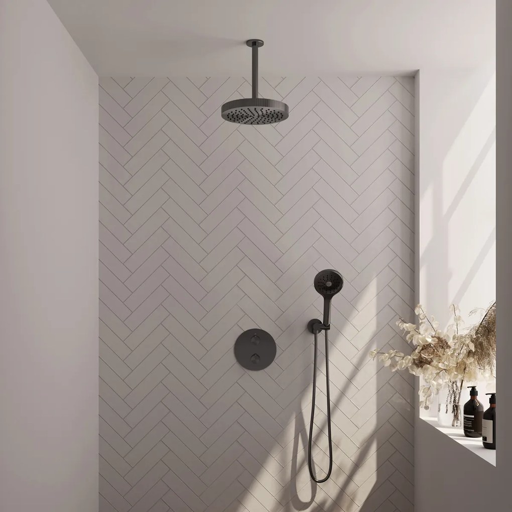 Brauer Stripe inbouw regendouche rond met 25cm hoofddouche, plafondarm en 3 standen handdouche set 42 gunmetal geborsteld PVD