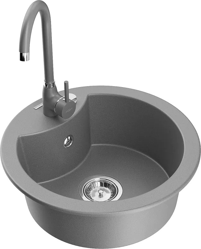 Mexen Diego granieten gootsteen 1-komor met keukenkraan Telma, grijs - 6512-71-670200-71