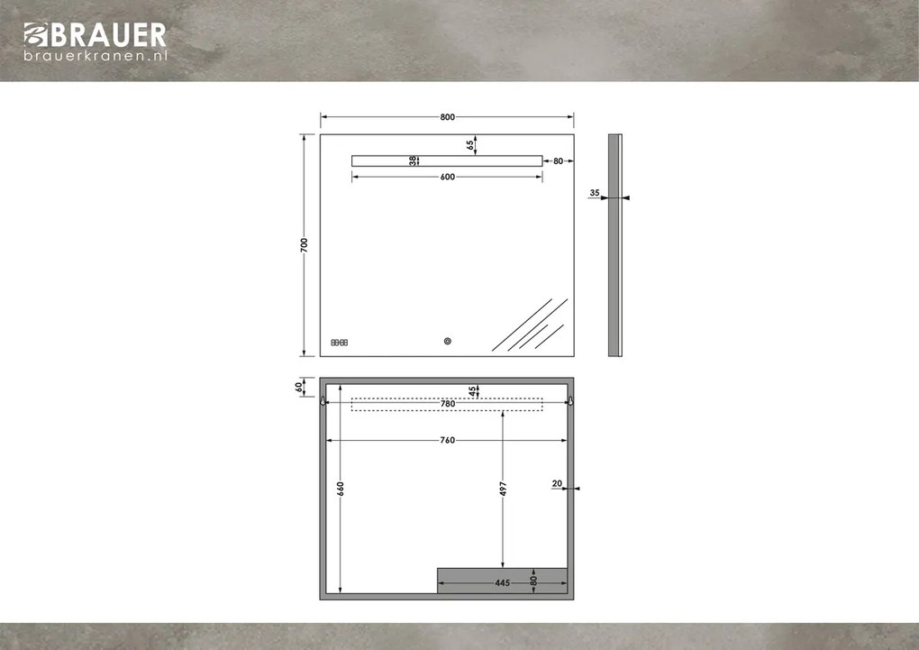 Brauer Quartz rechthoekige spiegel met verlichting 80x70cm