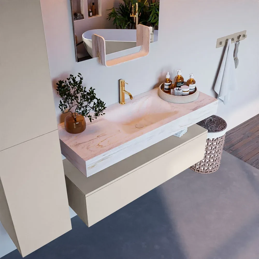 Mondiaz Alan DLux badmeubel 120cm linen 1 lade met wastafel ostra midden 1 kraangat