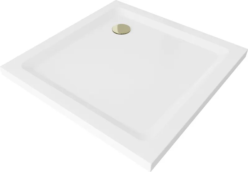 Mexen Flat slim vierkante douchebak 100 x 100 cm, wit, gouden sifon - 40101010G