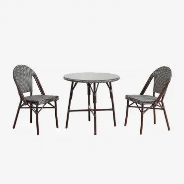 Set Ronde Tafel Ø80 Cm En 2 Stapelbare Eetkamerstoelen In Aluminium Brielle Bistro Grijs – Grafiet - Gardenia Wit - Sklum