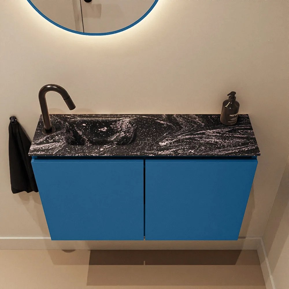 Mondiaz Ture DLux toiletmeubel 80cm jeans met wastafel lava links met kraangat