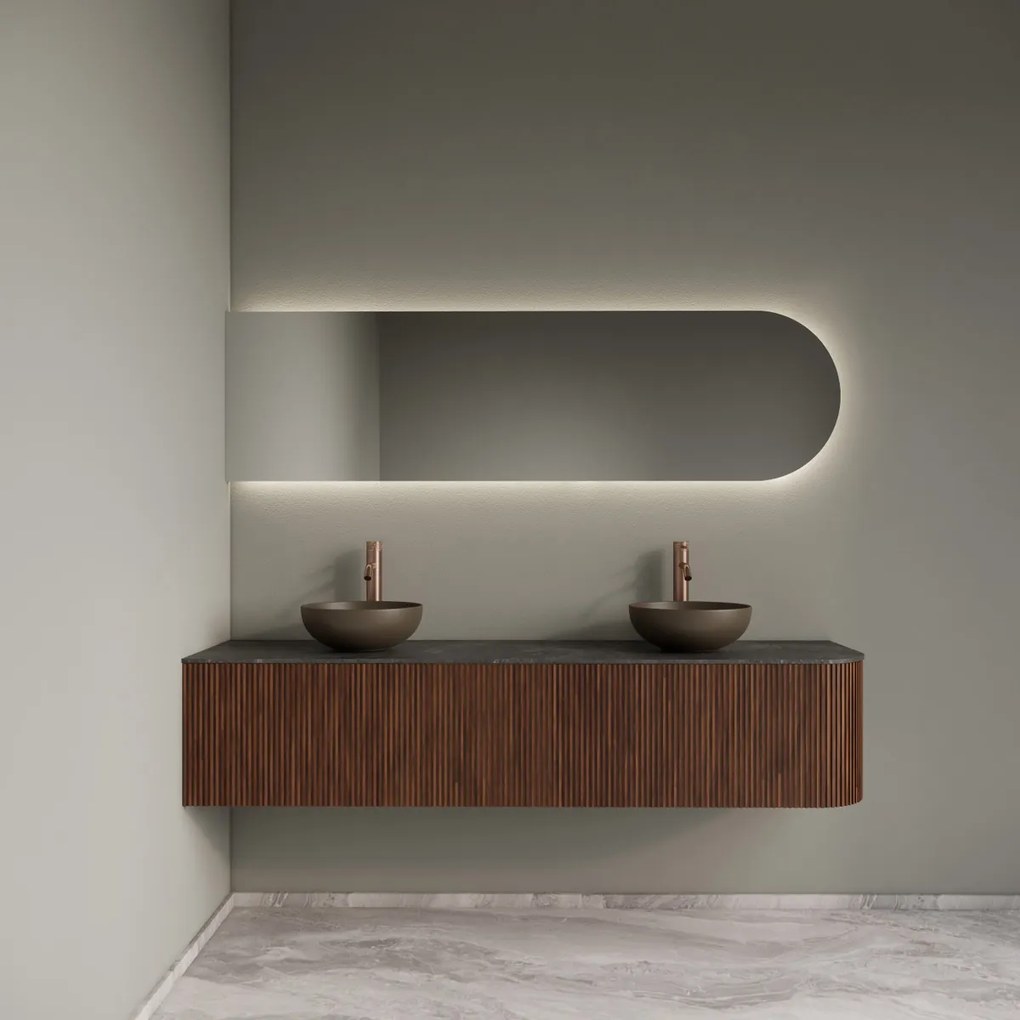 Gliss Design Alluro badmeubel ribbelfront met ronding rechts 180cm walnut en zwart leisteen toppaneel