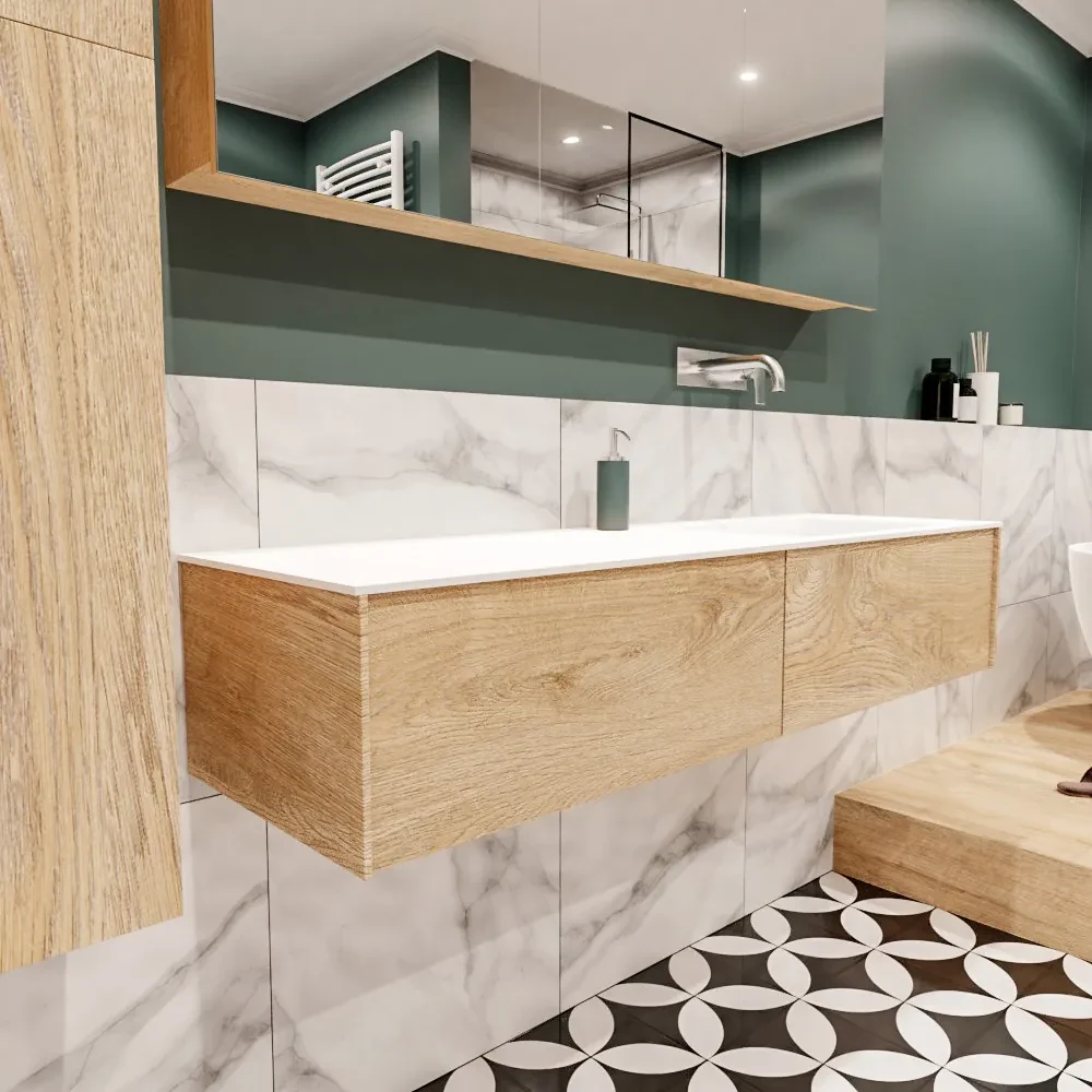 Lush onderkast 150cm in kleur WASHED OAK met 2 lades Push tot open geschikt voor rechtse wastafel. Compleet met solid surface wastafel cloud M35218met 0 kraangat(en)