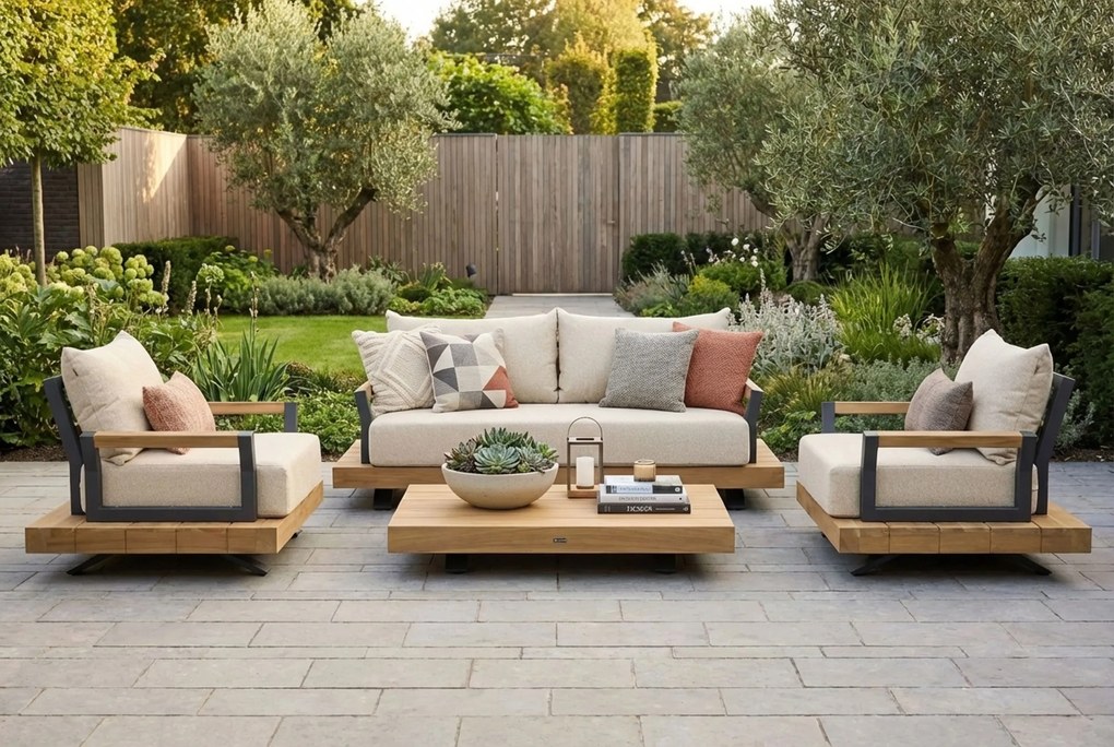 Stoel en Bank Loungeset 4 personen Aluminium/Teak Old teak greywash Santika Furniture Santika