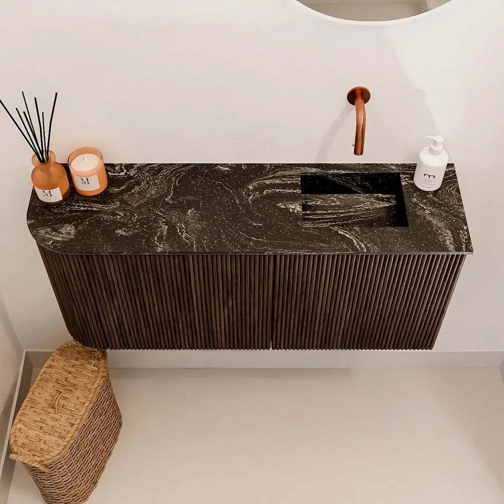Mondiaz Joya DLux 90cm toiletmeubel ronding links walnut met wastafel faye rechts zonder kraangat lava