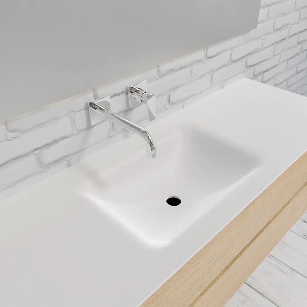 Zaro Valencia Solid Surface badmeubel 150cm licht eiken zonder kraangat spoelbak midden met 2 lades