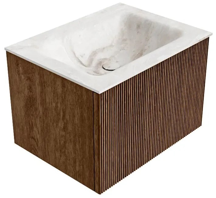 Mondiaz Kurve-dlux 60cm badmeubel walnut met 1 lade en wastafel cloud midden 1 kraangat frappe