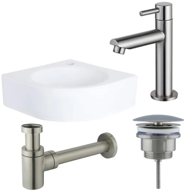 QeramiQ Fuente fonteinset - 30x30x10cm - 1 kraangat - hoek - keramiek - fonteinkraan RVS geborsteld - glans wit SW696237/SW696207/SW696217/SW679885