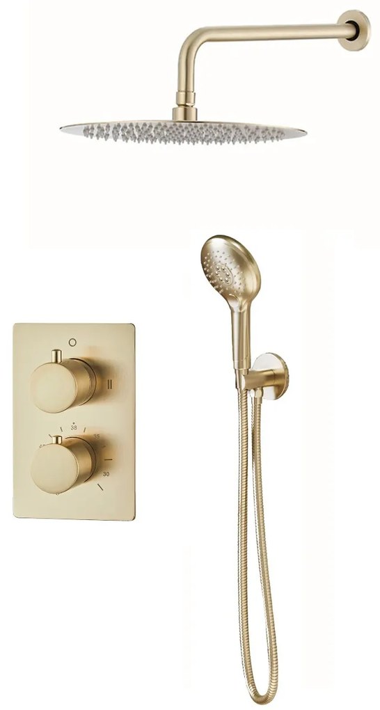 Saniclear Brass inbouw regendouche met 30cm hoofddouche, wandarm en 2 standen handdouche geborsteld messing - mat goud