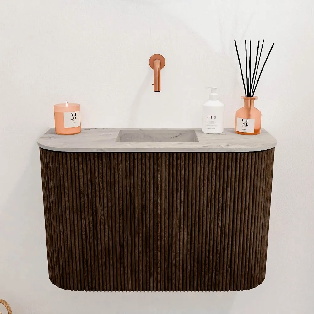 Mondiaz Joya DLux 65cm toiletmeubel ronding links/rechts walnut met wastafel faye midden zonder kraangat glace