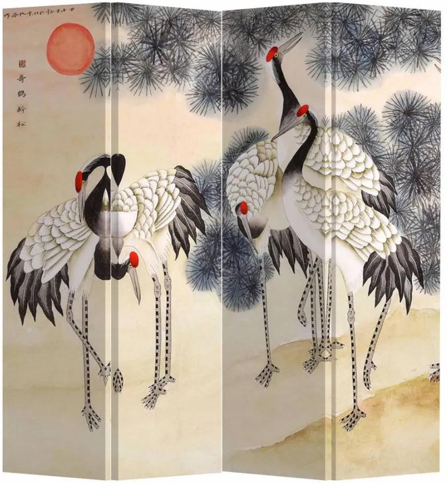 Fine Asianliving Chinees Kamerscherm Oosters Scheidingswand B160xH180cm 4 Panelen Kraanvogels Rijzende Zon
