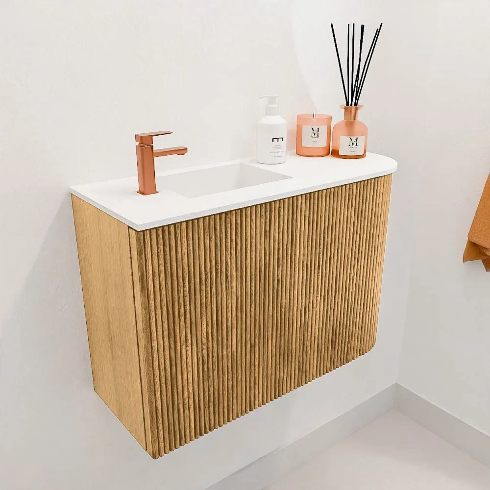 Mondiaz Joya 60cm toiletmeubel ronding rechts oak met wastafel faye links 1 kraangat talc