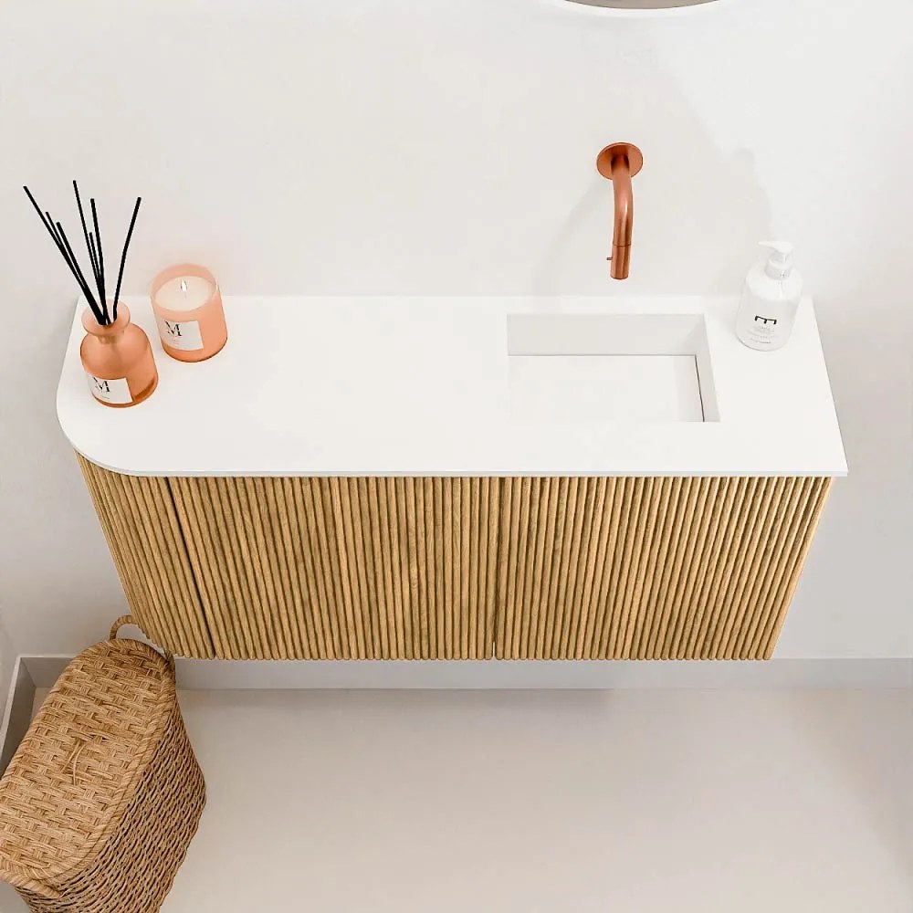 Mondiaz Joya 80cm toiletmeubel ronding links oak met wastafel faye rechts zonder kraangat talc