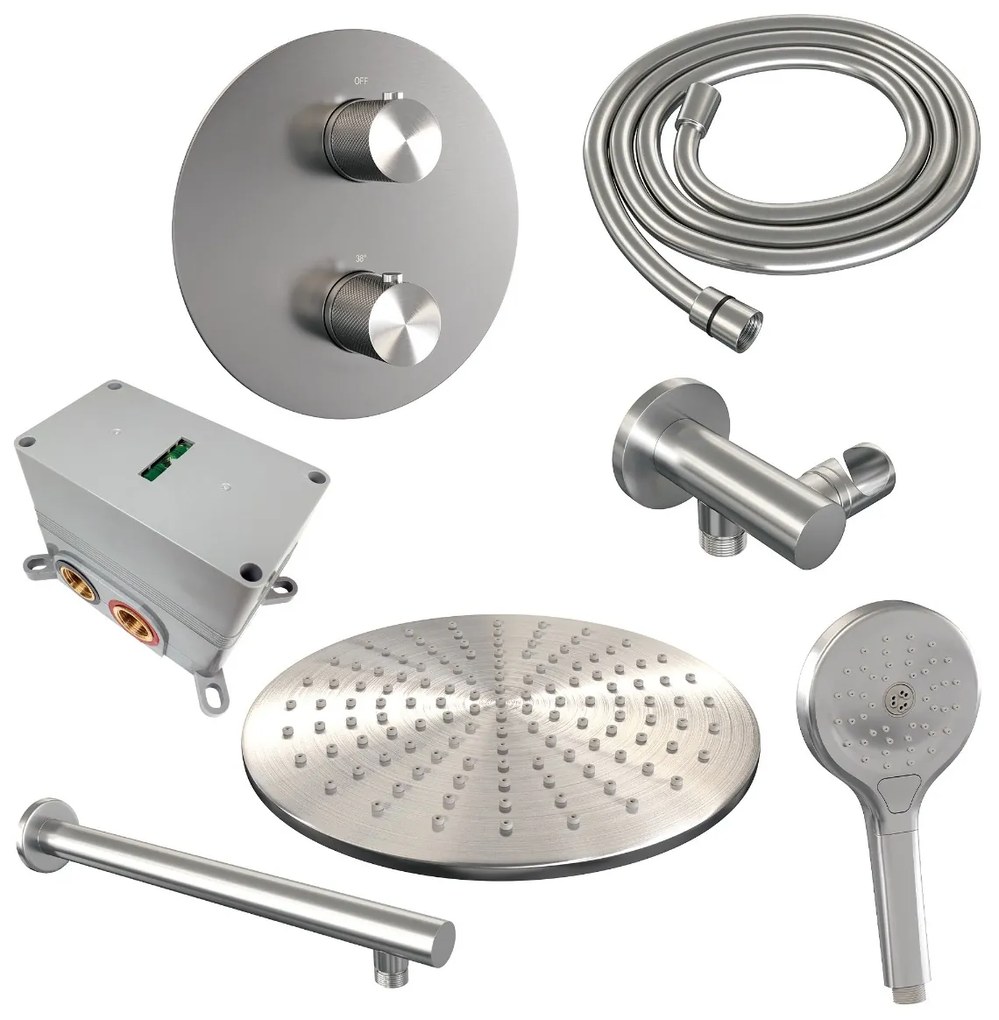 Brauer Brushed Carving thermostatische inbouw regendouche met 3 standen handdouche, rechte muurarm en hoofddouche 30cm set 80 RVS geborsteld PVD