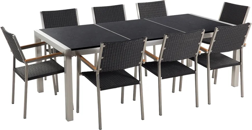 Tuinset gepolijst graniet/RVS zwart driedelig tafelblad 220 x 100 cm met 8 stoelen zwart rotan GROSSETO