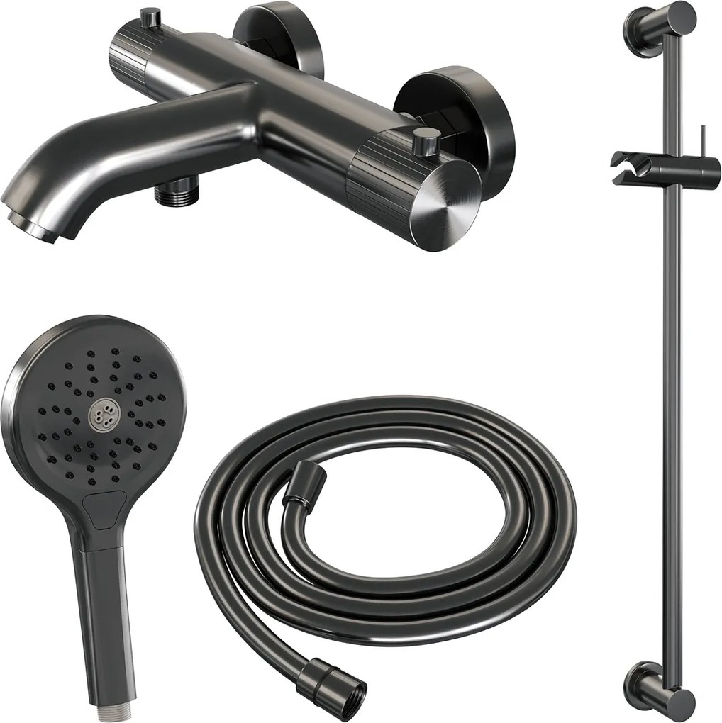 Brauer Stripe thermostatische badkraan met glijstang en 3 standen handdouche gunmetal geborsteld PVD